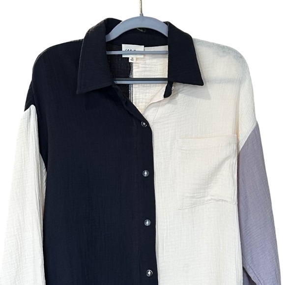 143 Story Women's Button-Up Long Sleeve Gauze Blouse Grey/Cream Med - Picture 3 of 12